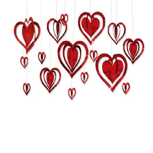 Hanging red 3D heart spiral decorations for Valentine's wedding room decor