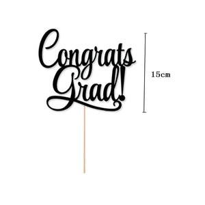 Black Congrats Grad cake topper with graduation cap icon and wooden stick for party cakes