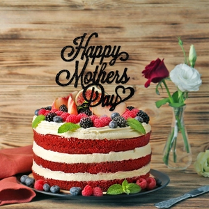 Glittery black Happy Mother's Day cake topper with heart on a red velvet cake