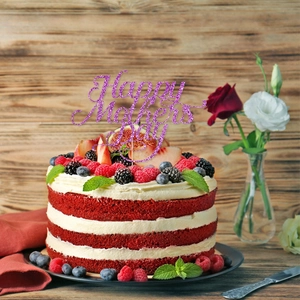 Purple glitter Happy Mother's Day cake topper on strawberry red velvet cake