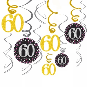 60th Birthday party hanging swirls set in gold and silver PVC with happy birthday pendants