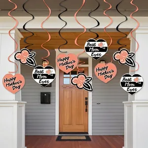 Hanging Mother's Day swirl decorations featuring Happy Mother's Day and Best Mom Ever cards