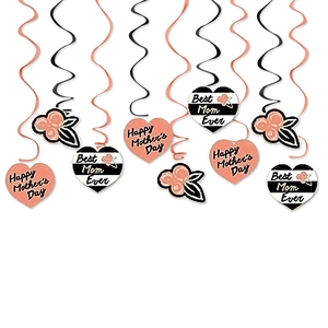 Mother's Day hanging swirl decorations with heart and floral cards in pink and black