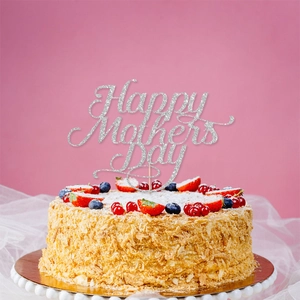 Silver glitter Happy Mother's Day cake topper decoration on strawberry cake