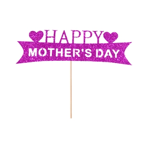Purple glitter Happy Mother's Day cake topper with hearts and a wooden support stick