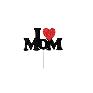 Sparkling I Love Mom cake topper with red glitter heart for Mother's Day party decor
