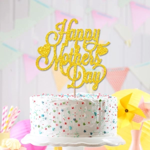 Sparkling gold Happy Mother's Day cake topper with glitter finish on a white cream cake