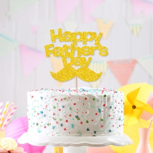 Glitter gold Happy Father's Day cake topper with mustache design on a white cream cake