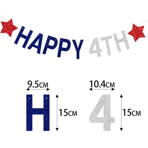 Detail showing HAPPY 4TH glitter banner dimensions with red and blue star accents