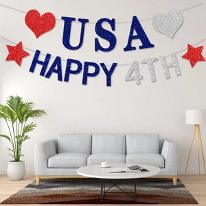 Glittery Happy 4th of July USA banner flags for American Independence Day party decor