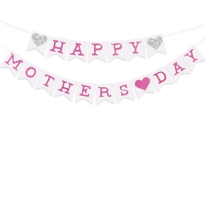 Striscione Happy Mother's Day rosa glitterato con cuori d'argento su bandiere a coda di rondine
