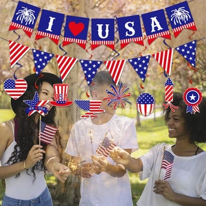 Complete 4th of July party decoration set with USA banners and patriotic hanging swirls