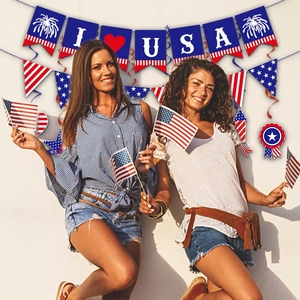 Outdoor July 4th party decorations set with I Love USA banner and red blue hanging swirls