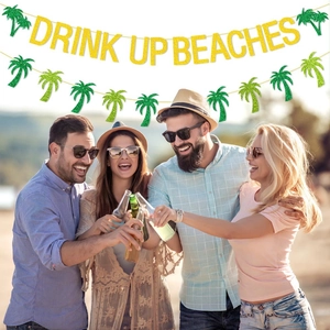 Golden glittery Drink Up Beaches banner with palm trees for Hawaii beach party decor
