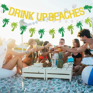 Gold glitter Drink Up Beaches banner with green palm trees for Hawaii beach party decor