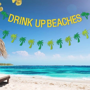 Glittery Drink Up Beaches banner with palm trees for Hawaiian beach party decor