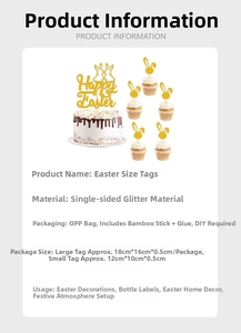 Detail of glitter Happy Easter cake toppers with bunny ears for holiday dessert decoration