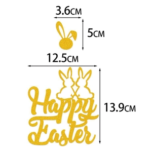 Glitter gold Happy Easter cake topper set with bunny silhouettes and 13.9cm size marking