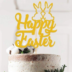 Golden glitter Happy Easter cake topper with rabbit design on white cream cake