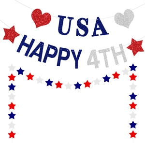 USA Independence Day Banner Happy 4th Of July Decoration Red Blue Silver Glitter Star Heart Patriotic Party Hanging Garland