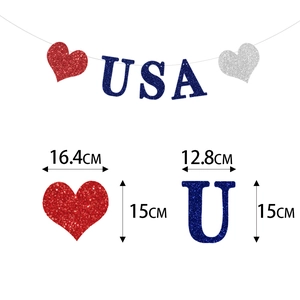 Glitter USA banner with red hearts and blue letters for Independence Day decoration
