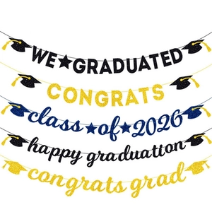 Graduation Banner Glitter Paper Congrats Grad Class Of 2026 Party Decoration Backdrop Photo Props Garland