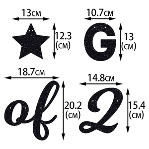Black glitter 2026 graduation banner pieces with size markers on white background