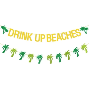 Glittering Drink Up Beaches banner with palm tree garlands for Hawaii tropical party decor