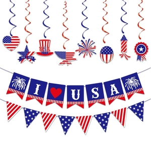 US Independence Day Party Decoration Paper Banner And Spiral Hanging Ornaments Patriotic Star Stripes I Love USA Decor