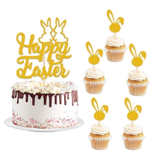 Golden Glitter Happy Easter Bunny Cake Topper Rabbit Dessert Insert For Festive Party Baking Cake Decoration Supplies