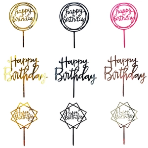 Acrylic Cake Topper Happy Birthday Mirror Gold Silver Black Pink Party Baking Decoration Heart Round Square Crown Shape