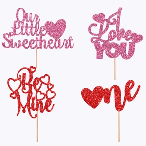 Set of 4 glittery red and pink cake toppers for birthday and wedding party decor