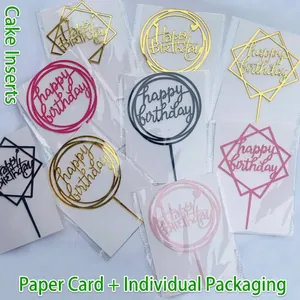 Acrylic Happy Birthday cake toppers in gold and pink colors with individual packaging