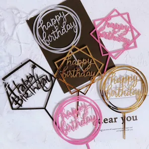 10-piece pack of geometric Happy Birthday acrylic cake toppers in assorted colors