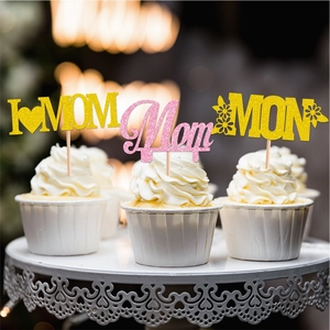 Décorations de cupcakes Mom pailletées jaunes et roses sur desserts givrés