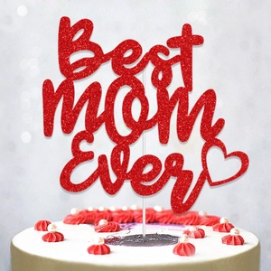 Décoration de gâteau 'Best Mom Ever' rouge pailleté avec cœur sur gâteau