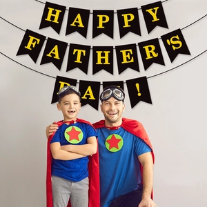 Happy Father's Day party banner with gold glitter letters on black swallowtail flags