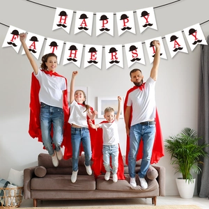 Happy Father's Day white banner with red letters and mustache elements for party decor