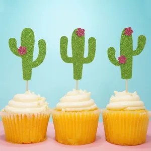 Glitter cactus cake toppers on cupcakes for Hawaii beach party cake decorations