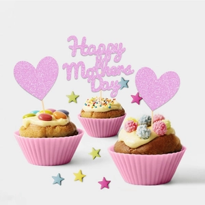 Kit déco Happy Mother's Day avec toppers roses et caissettes en silicone sur fond blanc