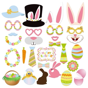 Easter party photo booth props kit with bunny ears, eggs and Happy Easter signs