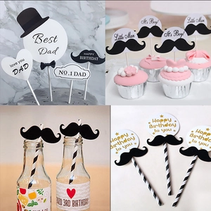 Mustache Paper Cake Topper Cupcake Picks Father Day Birthday Baby Shower Party Decoration Mustache Bowtie Top Hat Dessert Decor