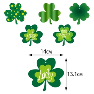 Detail showing various 14cm St. Patrick's Day green clover spiral hanging decorations