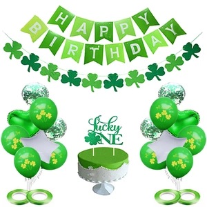 Green St. Patrick's 1st Birthday party kit with shamrock balloons and Lucky One banner