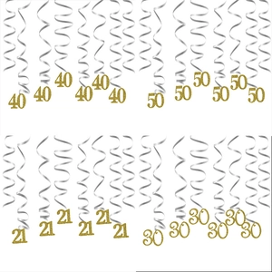 Silver and gold PVC spiral hanging decorations with glitter numbers 21 30 40 50 for parties