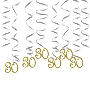 Golden glitter 30th birthday hanging swirls and PVC spiral ceiling decorations