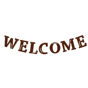 American football themed welcome banner with brown letters and white football stitching