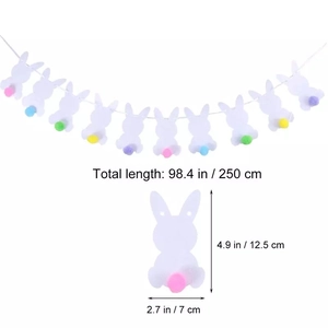 Easter rabbit burlap banner with colorful pom-poms hanging on white background