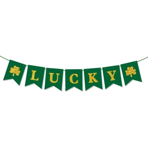 Bannière Lucky de la Saint-Patrick verte avec trèfles dorés pailletés en forme de queue