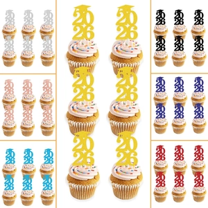Class of 2026 glitter graduation cupcake toppers with mortarboard cap in six colors